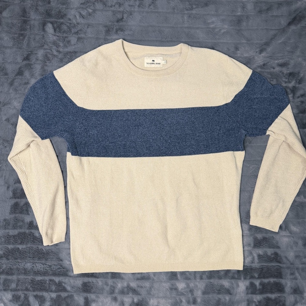 The Normal Brand Sweater Mens Large Beige Blue Stripe Crewneck Pullover Knit
